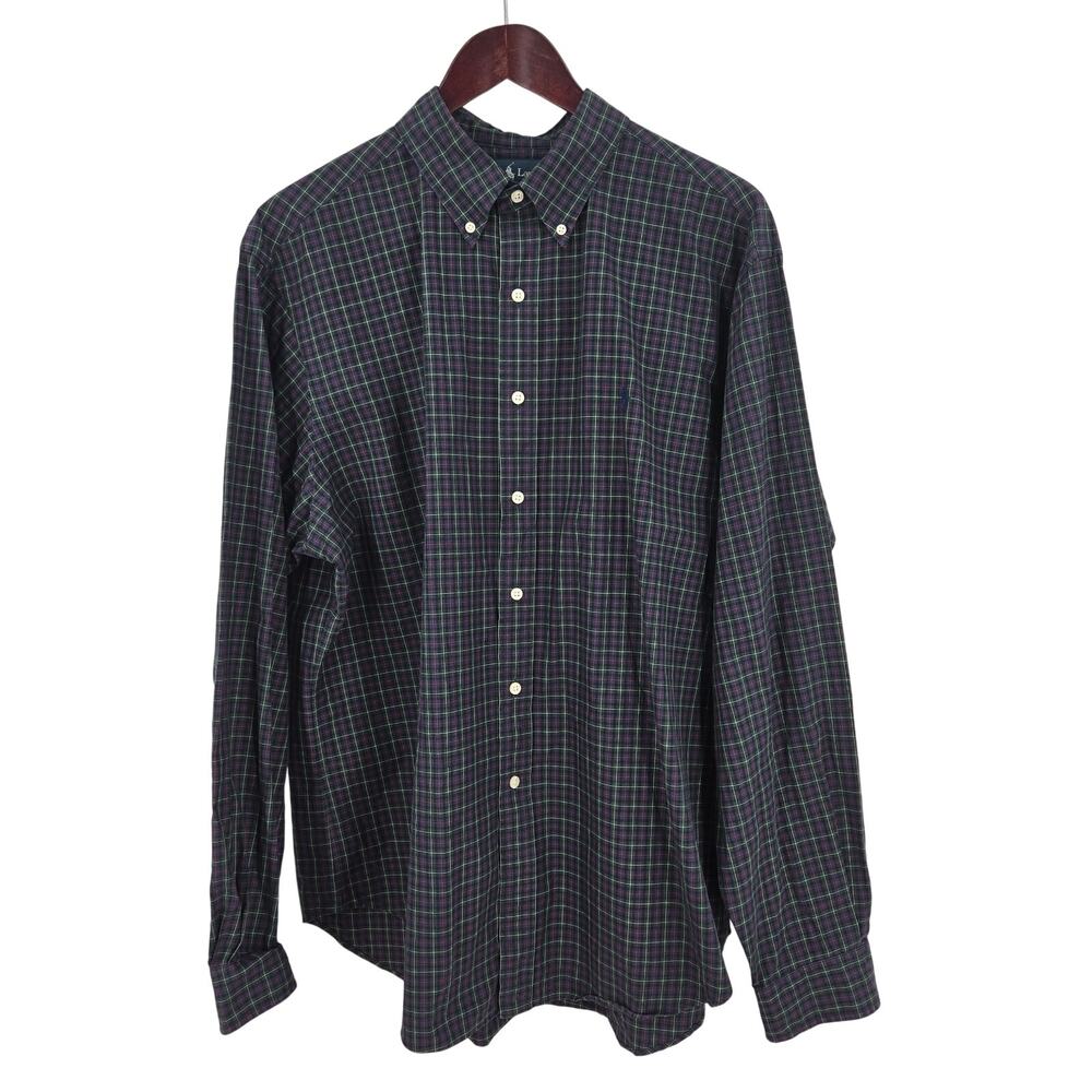 Ralph Lauren blue green plaid button down shirt mens 17.5-36/37 Classic Fit